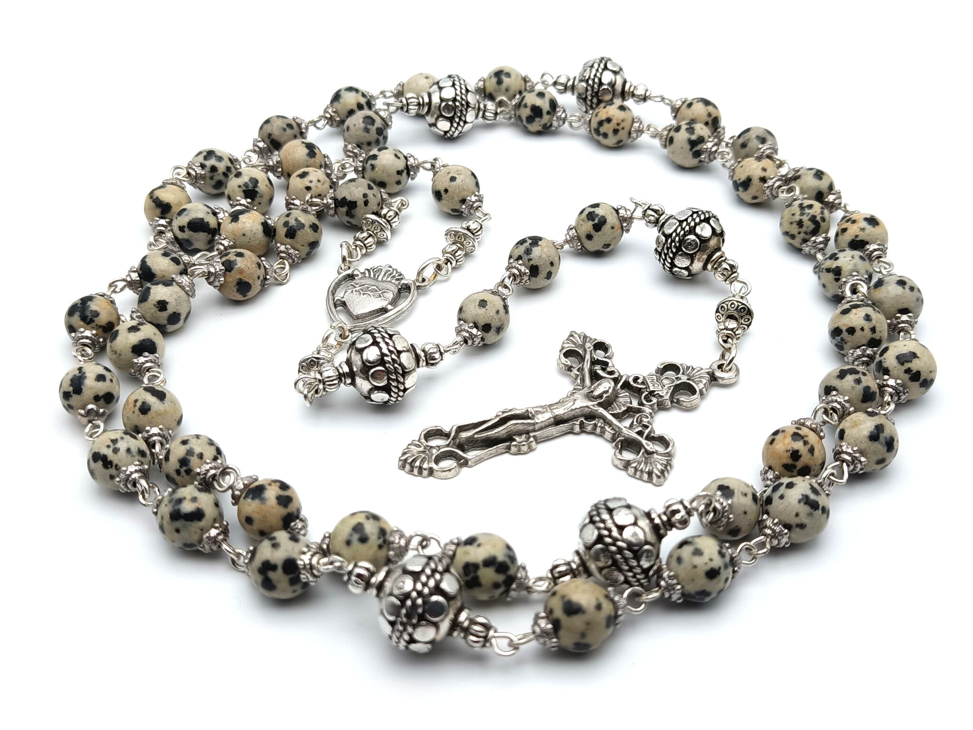 Sacred Heart of Jesus unique rosary beads with gemstone beads, silver crucifix, pater beads and centre medal.