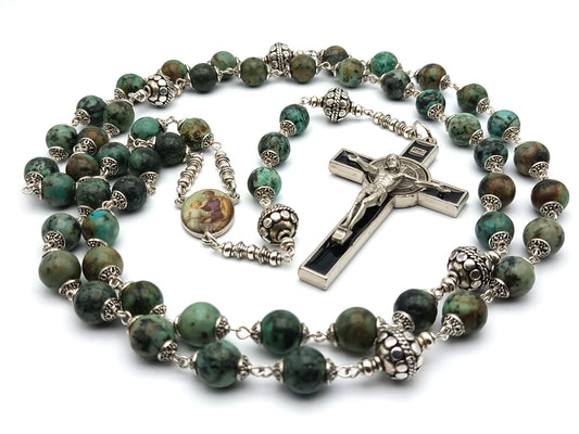 Holy Family unique rosary beads with green gemstone beads, silver pater beads, silver and black enamel crucifix and picture centre medal. 