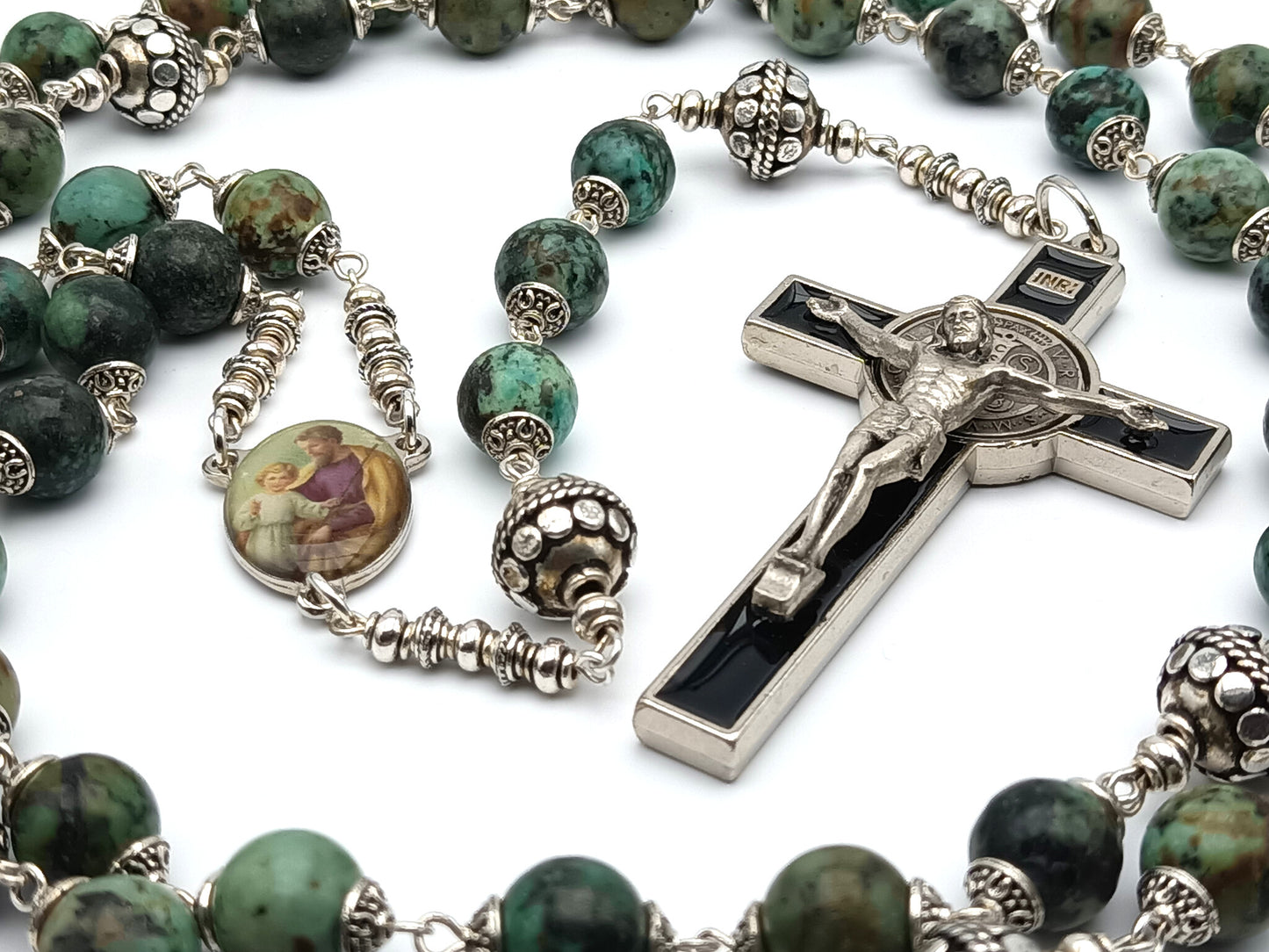 Holy Family unique rosary beads with green gemstone beads, silver pater beads, silver and black enamel crucifix and picture centre medal. 