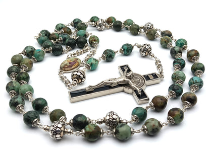 Holy Family unique rosary beads with green gemstone beads, silver pater beads, silver and black enamel crucifix and picture centre medal. 