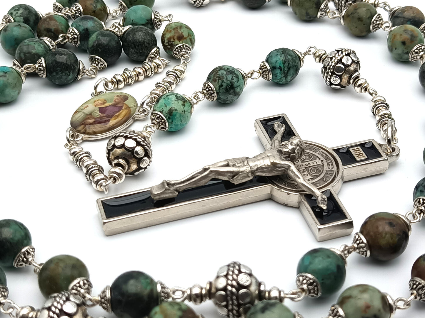 Holy Family unique rosary beads with green gemstone beads, silver pater beads, silver and black enamel crucifix and picture centre medal. 