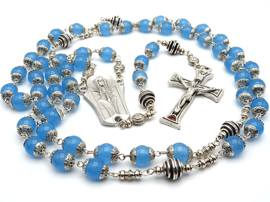 Our Lady of Fatima unique rosary beads with aquamarine gemstone beads, silver crucifix, pater beads and centre medal.