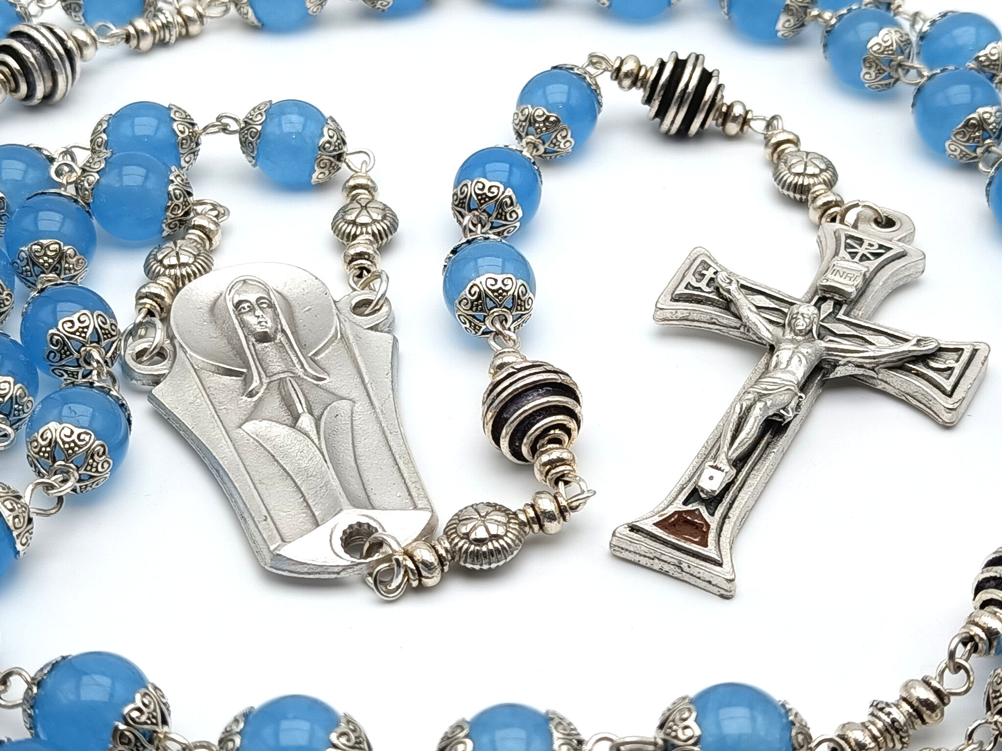 Our Lady of Fatima unique rosary beads with aquamarine gemstone beads, silver crucifix, pater beads and centre medal.