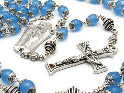 Our Lady of Fatima unique rosary beads with aquamarine gemstone beads, silver crucifix, pater beads and centre medal.