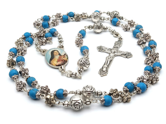 Saint Therese of Lisieux unique rosary beads with turquoise gemstone beads and silver pater beads, crucifix and picture centre medal.