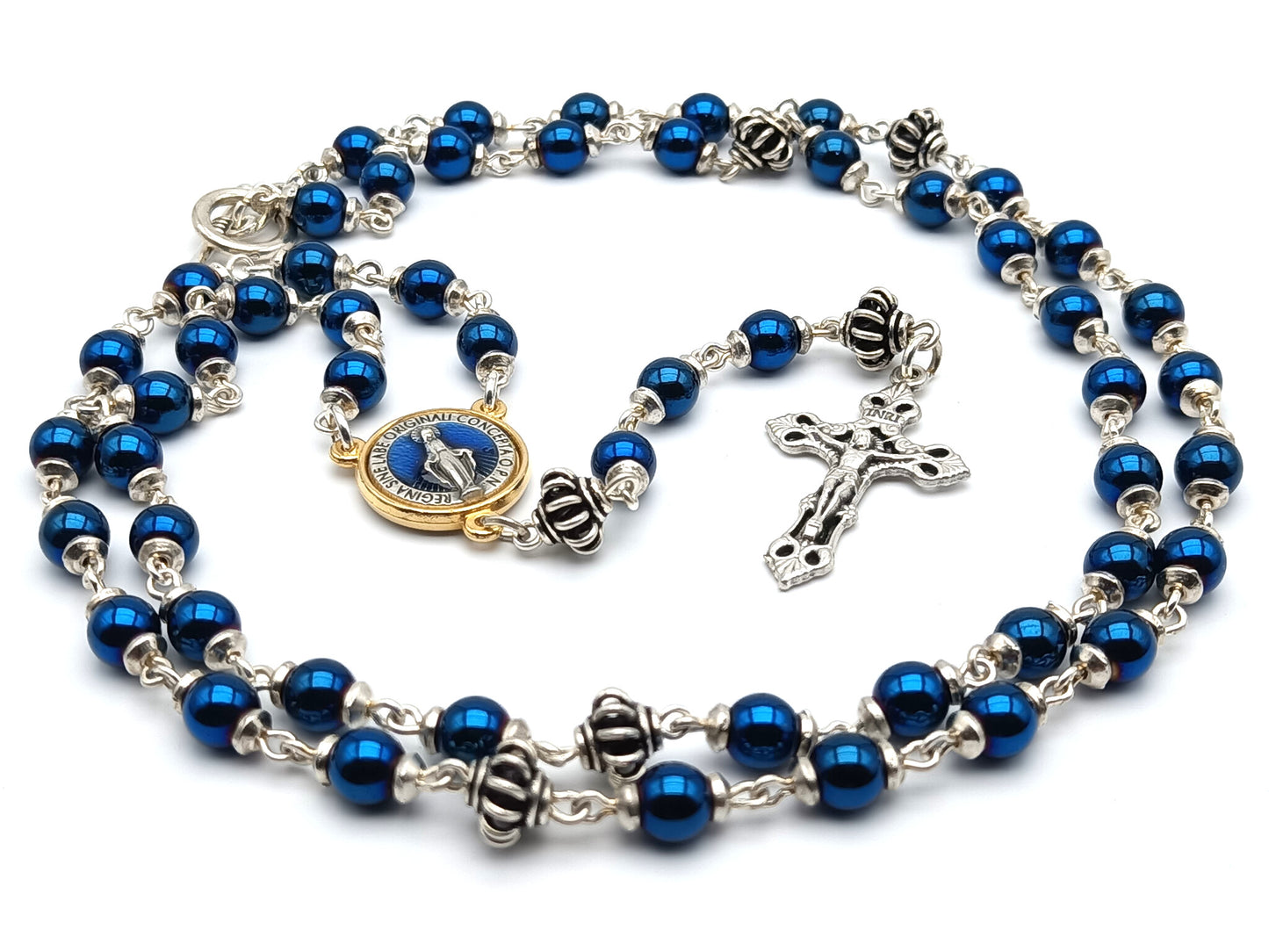 Miraculous medal unique rosary beads with blue hematite gemstone beads, silver crucifix, pater beads, clasp and gold centre medal.