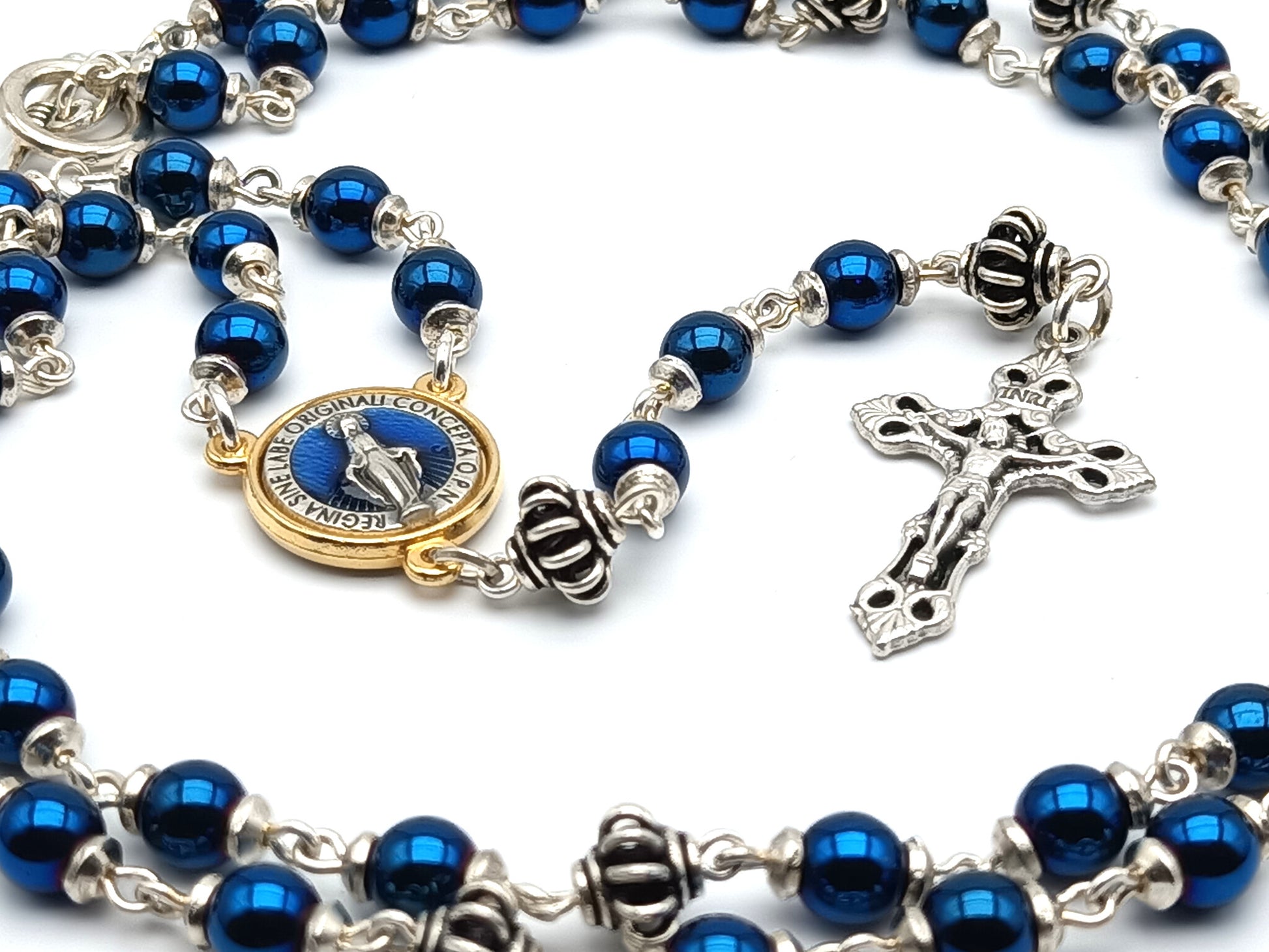 Miraculous medal unique rosary beads with blue hematite gemstone beads, silver crucifix, pater beads, clasp and gold centre medal.