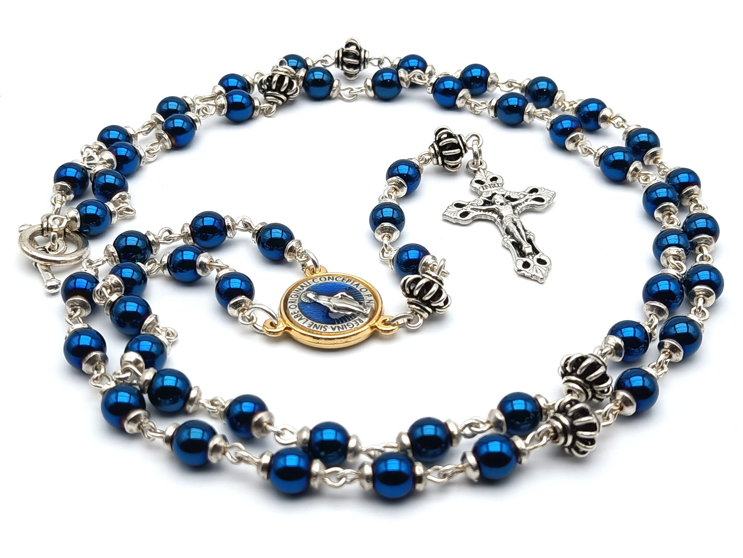 Miraculous medal unique rosary beads with blue hematite gemstone beads, silver crucifix, pater beads, clasp and gold centre medal.