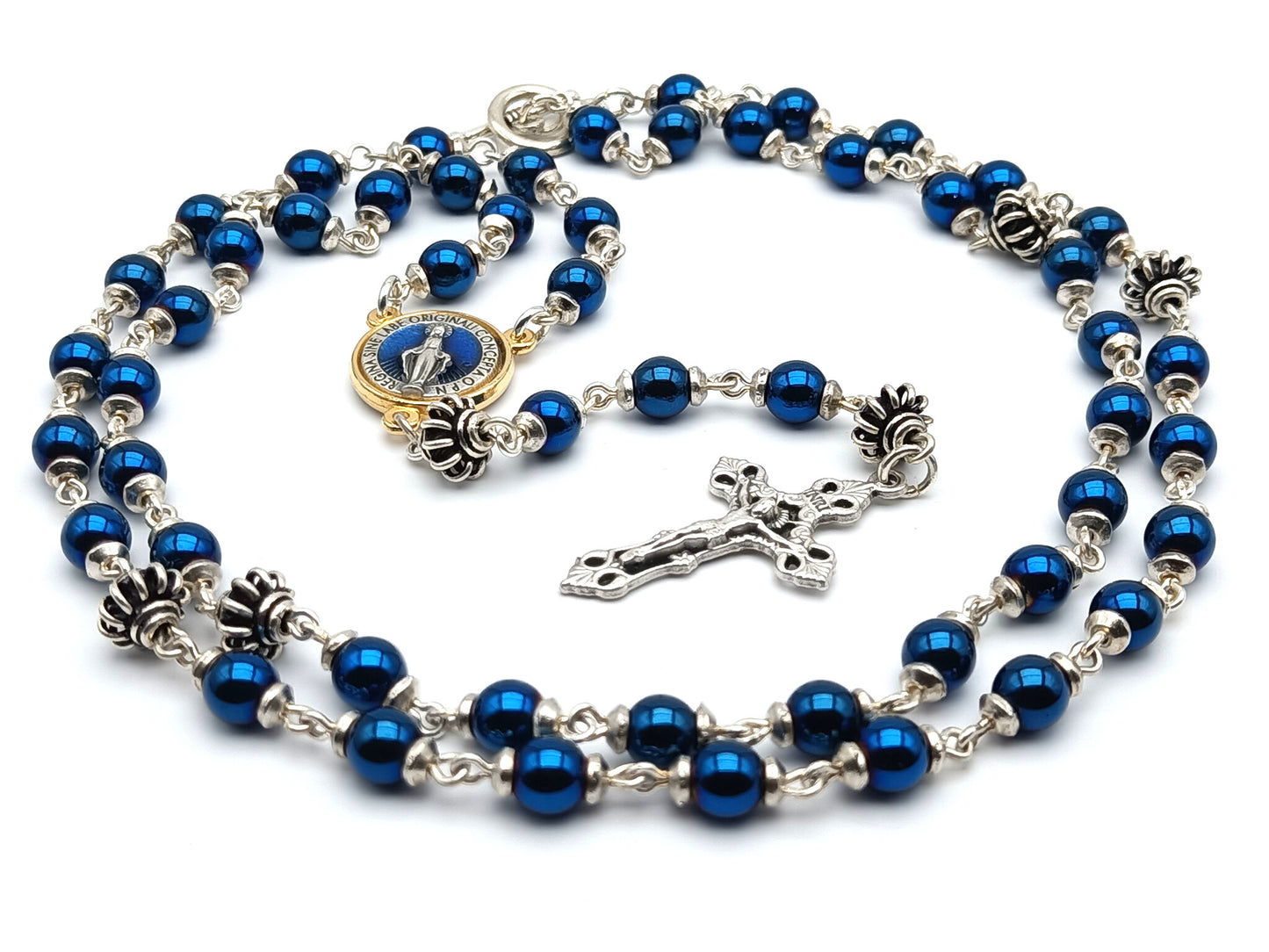 Miraculous medal unique rosary beads with blue hematite gemstone beads, silver crucifix, pater beads, clasp and gold centre medal.