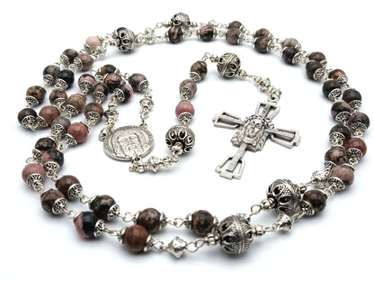 Holy Face of Jesus unique rosary beads with gemstone beads, Holy face crucifix, silver pater beads and centre medal.