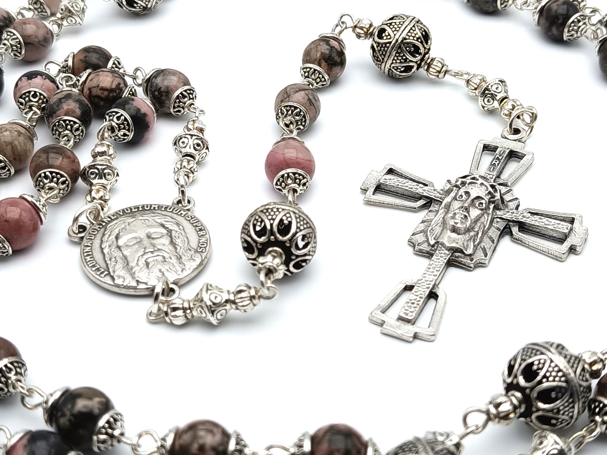 Holy Face of Jesus unique rosary beads with gemstone beads, Holy face crucifix, silver pater beads and centre medal.