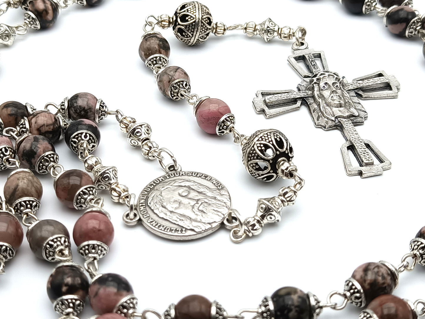 Holy Face of Jesus unique rosary beads with gemstone beads, Holy face crucifix, silver pater beads and centre medal.