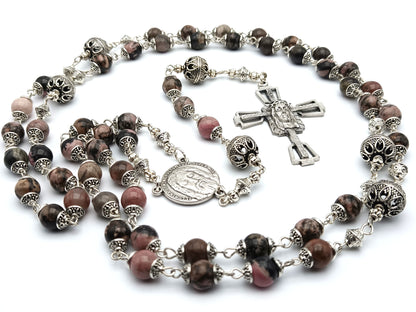 Holy Face of Jesus unique rosary beads with gemstone beads, Holy face crucifix, silver pater beads and centre medal.