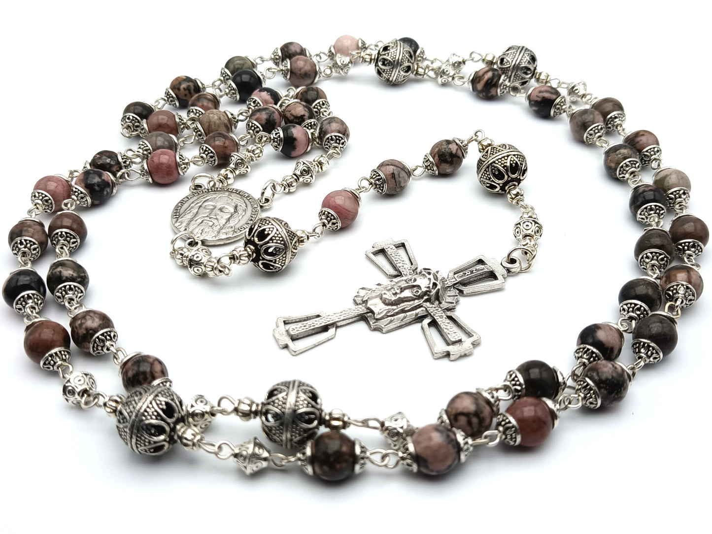 Holy Face of Jesus unique rosary beads with gemstone beads, Holy face crucifix, silver pater beads and centre medal.