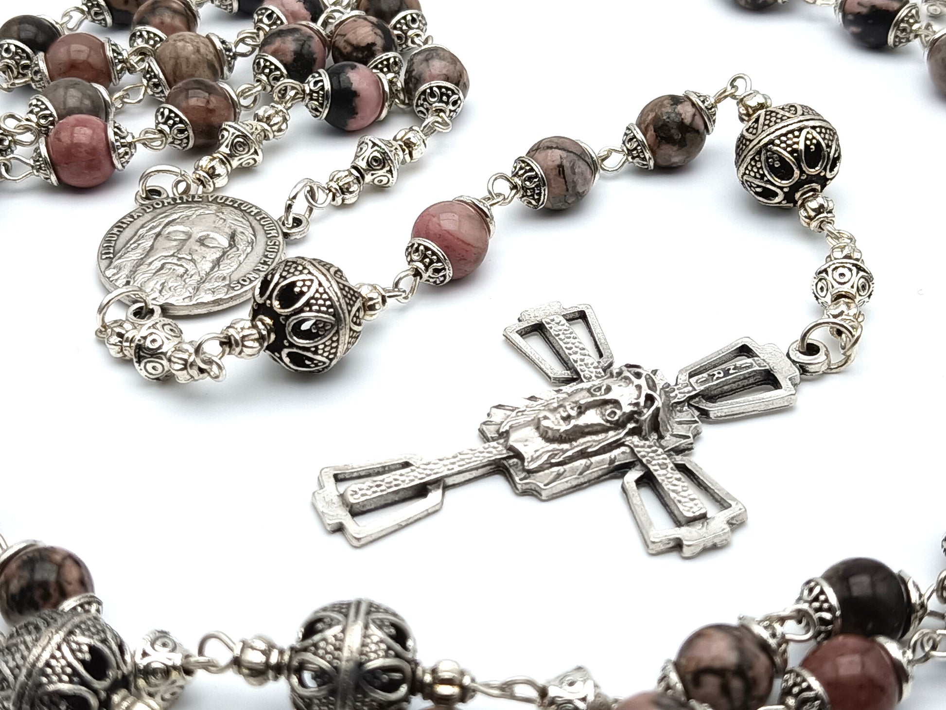 Holy Face of Jesus unique rosary beads with gemstone beads, Holy face crucifix, silver pater beads and centre medal.