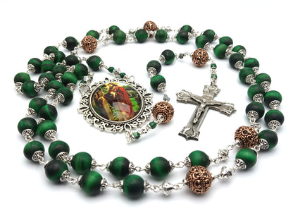 The Good Shepherd unique rosary beads with green tigers eyes beads, silver crucifix, picture centre medal and copper pater beads.