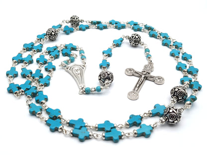 Our Lady of Fatima unique rosary beads with turquoise gemstone beads, silver crucifix, pater beads and centre medal.