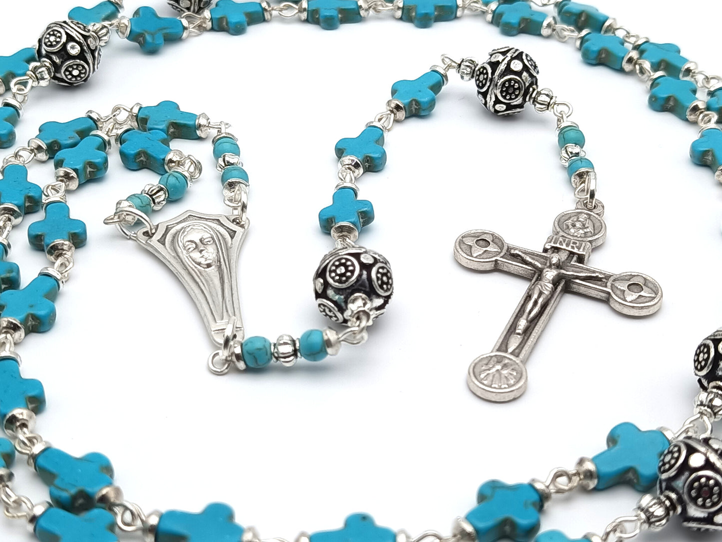 Our Lady of Fatima unique rosary beads with turquoise gemstone beads, silver crucifix, pater beads and centre medal.