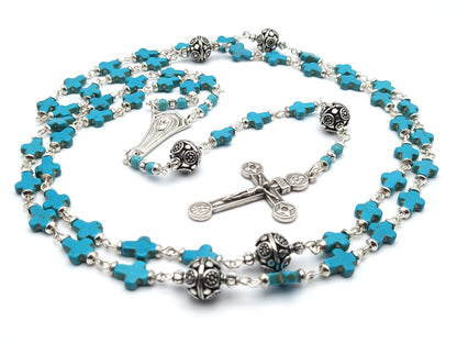Our Lady of Fatima unique rosary beads with turquoise gemstone beads, silver crucifix, pater beads and centre medal.