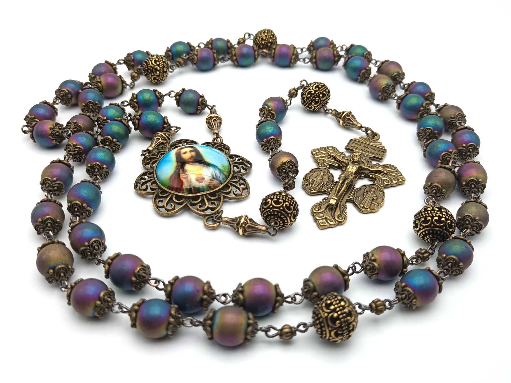 Sacred Heart of Jesus unique rosary beads with petrol gemstone beads, bronze pardon crucifix, pater beads and picture centre medal.