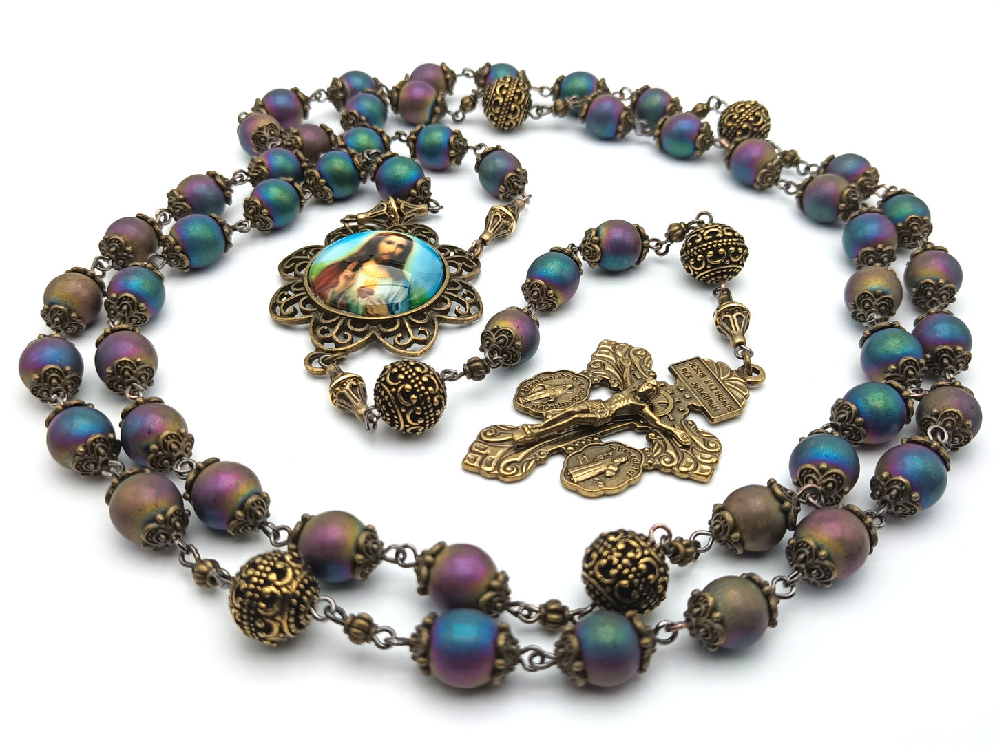 Sacred Heart of Jesus unique rosary beads with petrol gemstone beads, bronze pardon crucifix, pater beads and picture centre medal.