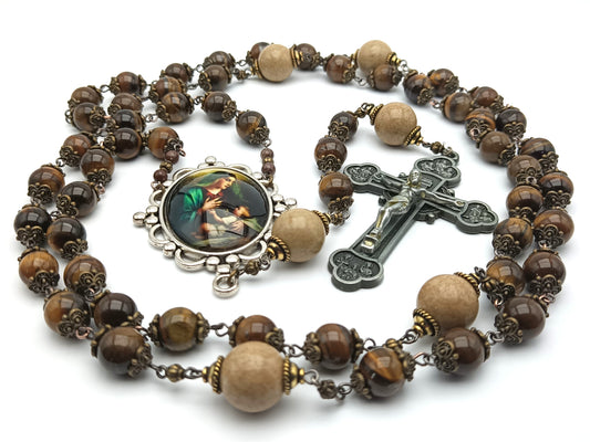 Our Lady and Child unique rosary beads with tigers eye gemstone beads, pewter apostles crucifix and silver picture centre medal.