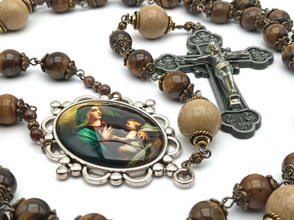 Our Lady and Child unique rosary beads with tigers eye gemstone beads, pewter apostles crucifix and silver picture centre medal.