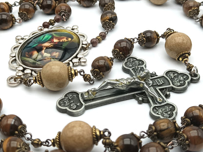 Our Lady and Child unique rosary beads with tigers eye gemstone beads, pewter apostles crucifix and silver picture centre medal.