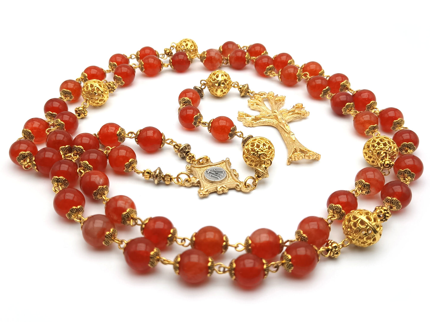 Gold Plated unique rosary beads with flame gemstone beads, gold plated dogwood crucifix, pater beads and centre medal.