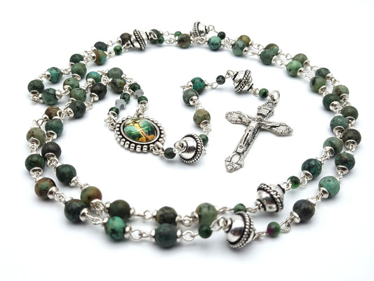 The Crucifixion unique rosary beads with green gemstone beads, silver crucifix, pater beads and picture centre medal.