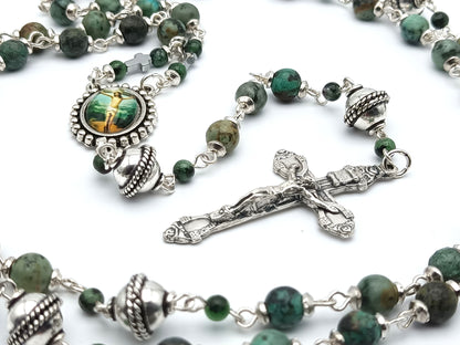 The Crucifixion unique rosary beads with green gemstone beads, silver crucifix, pater beads and picture centre medal.