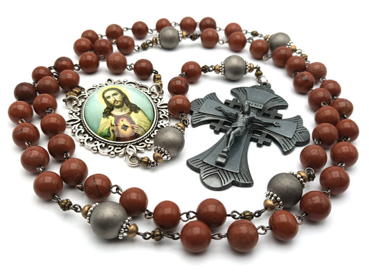 Sacred Heart of Jesus unique rosary beads with rust gemstone beads, pewter crucifix, silver pater beads and picture centre medal.