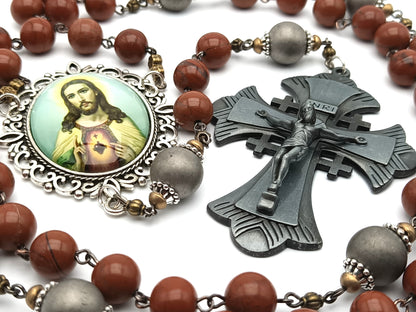 Sacred Heart of Jesus unique rosary beads with rust gemstone beads, pewter crucifix, silver pater beads and picture centre medal.