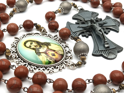 Sacred Heart of Jesus unique rosary beads with rust gemstone beads, pewter crucifix, silver pater beads and picture centre medal.