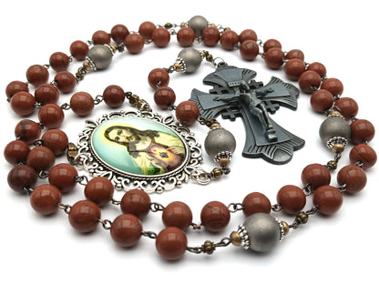 Sacred Heart of Jesus unique rosary beads with rust gemstone beads, pewter crucifix, silver pater beads and picture centre medal.
