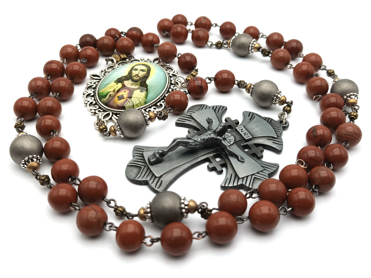 Sacred Heart of Jesus unique rosary beads with rust gemstone beads, pewter crucifix, silver pater beads and picture centre medal.