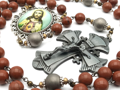 Sacred Heart of Jesus unique rosary beads with rust gemstone beads, pewter crucifix, silver pater beads and picture centre medal.