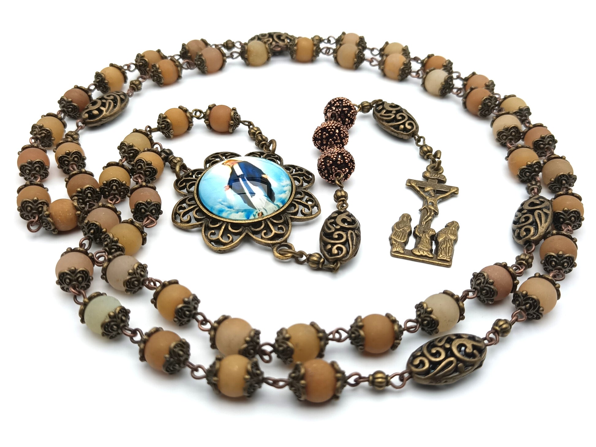 Our Lady of Grace unique rosary beads with gemstone beads, bronze two Marys crucifix, pater beads and picture centre medal.