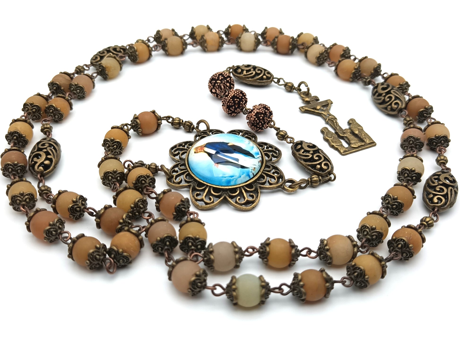 Our Lady of Grace unique rosary beads with gemstone beads, bronze two Marys crucifix, pater beads and picture centre medal.