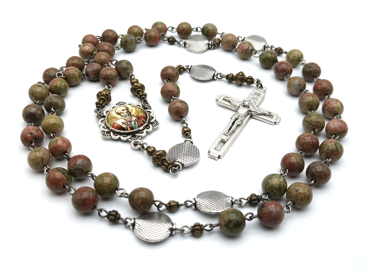 Saint Athanasius unique rosary beads with gemstone beads, silver crucifix, pater beads and picture centre medal.
