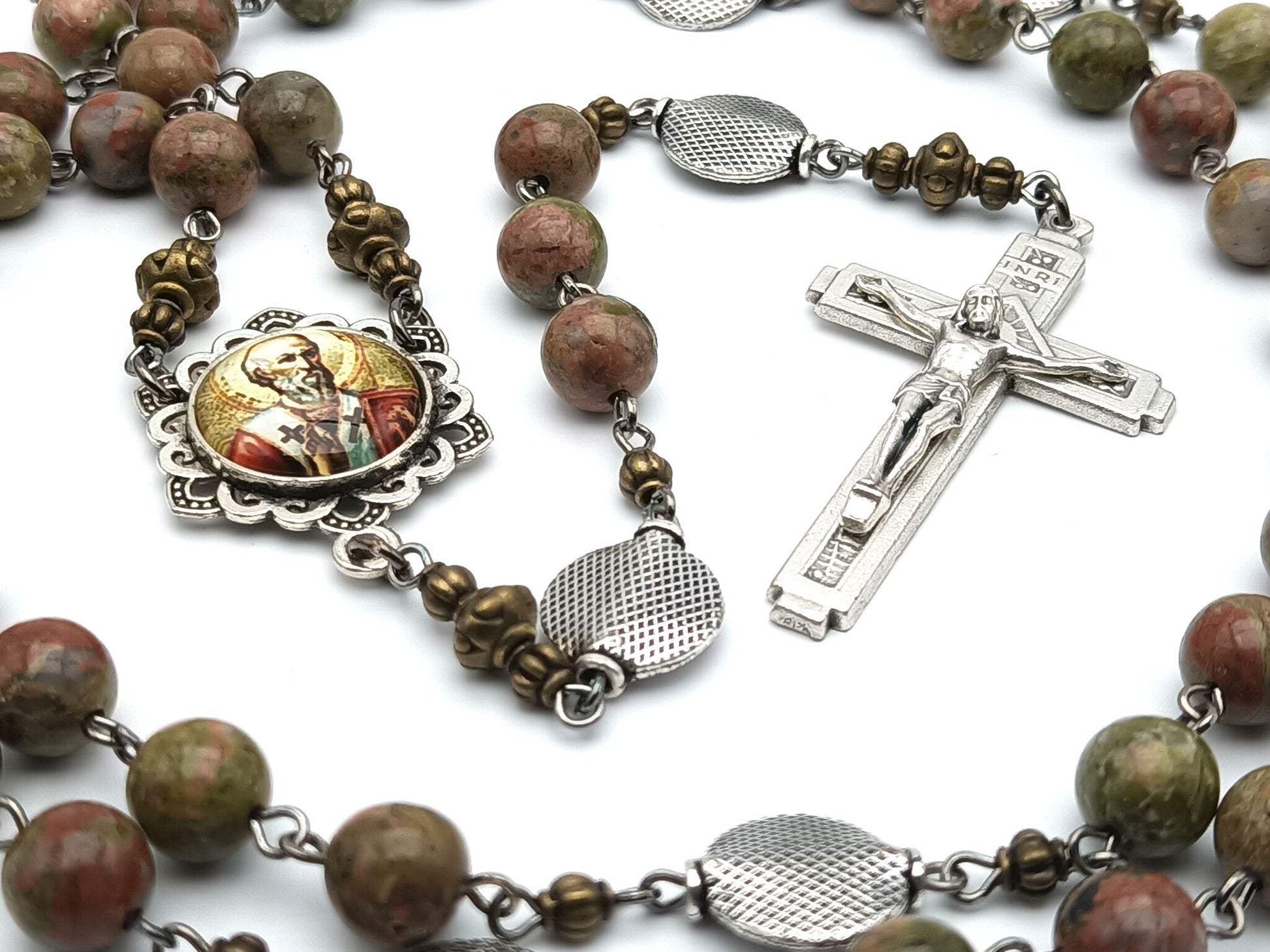 Saint Athanasius unique rosary beads with gemstone beads, silver crucifix, pater beads and picture centre medal.