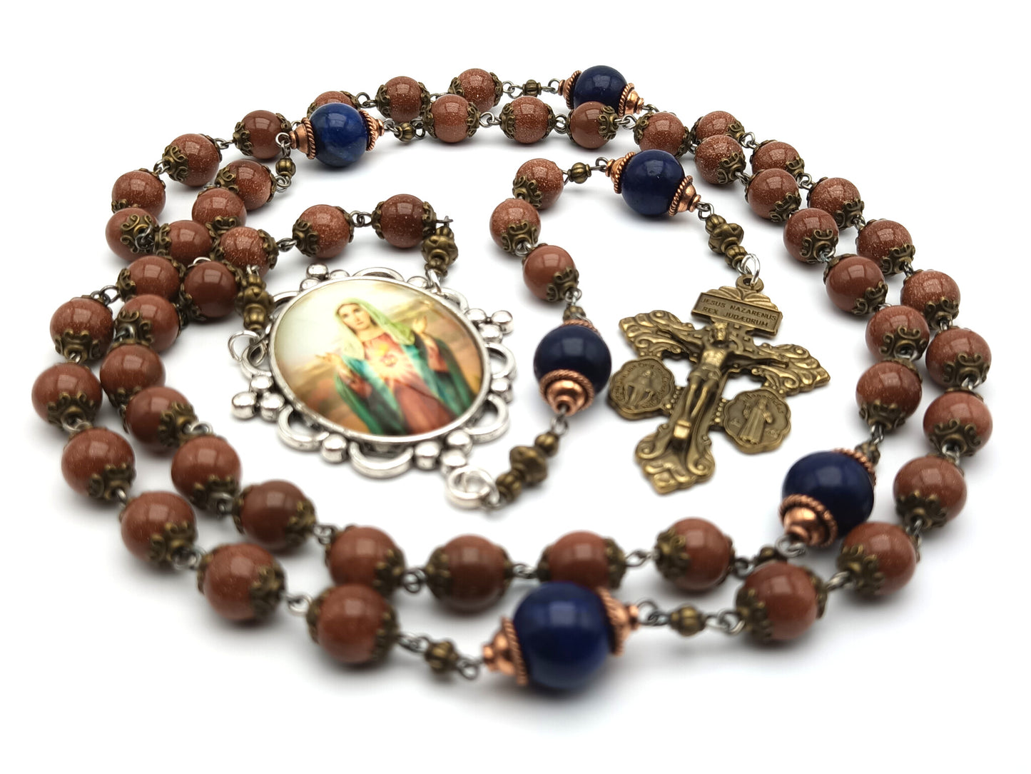 Immaculate Heart unique rosary beads with sparkling rust gemstone beads, blue pater beads, bronze pardon crucifix and silver Our Lady picture centre medal.