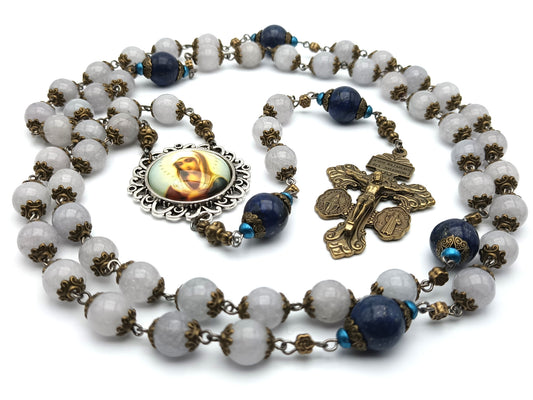 Twelve stars of Mary unique rosary beads with opal gemstone beads, bronze pardon crucifix, blue lapis pater beads and silver picture centre medal.