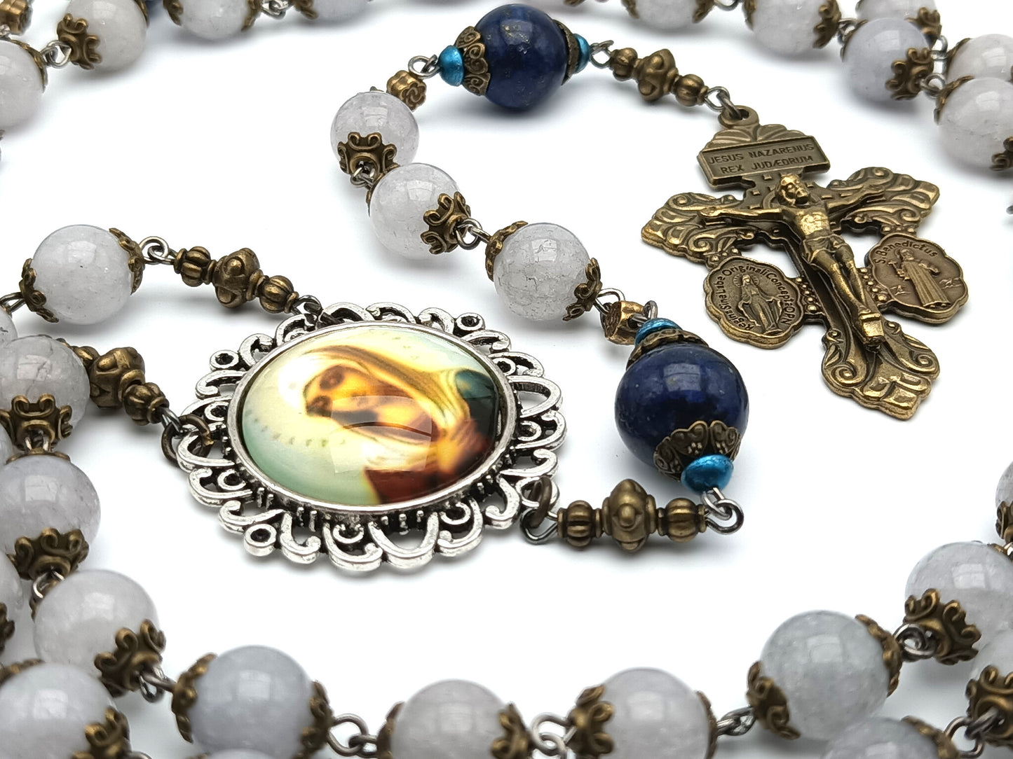Twelve stars of Mary unique rosary beads with opal gemstone beads, bronze pardon crucifix, blue lapis pater beads and silver picture centre medal.