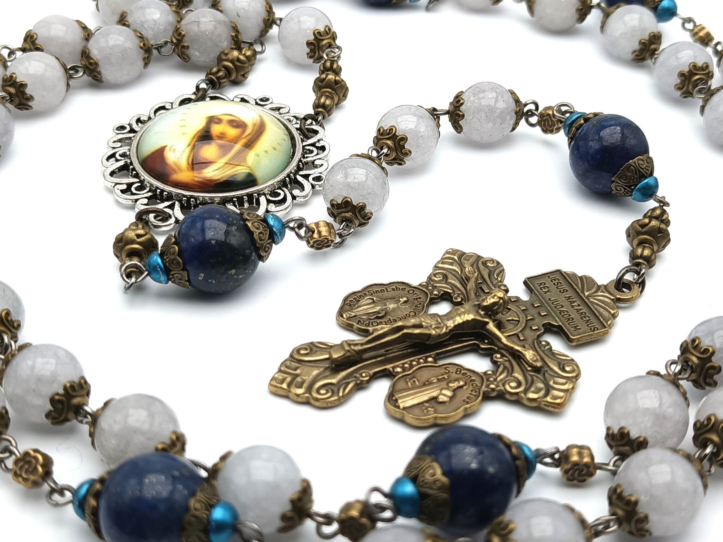 Twelve stars of Mary unique rosary beads with opal gemstone beads, bronze pardon crucifix, blue lapis pater beads and silver picture centre medal.