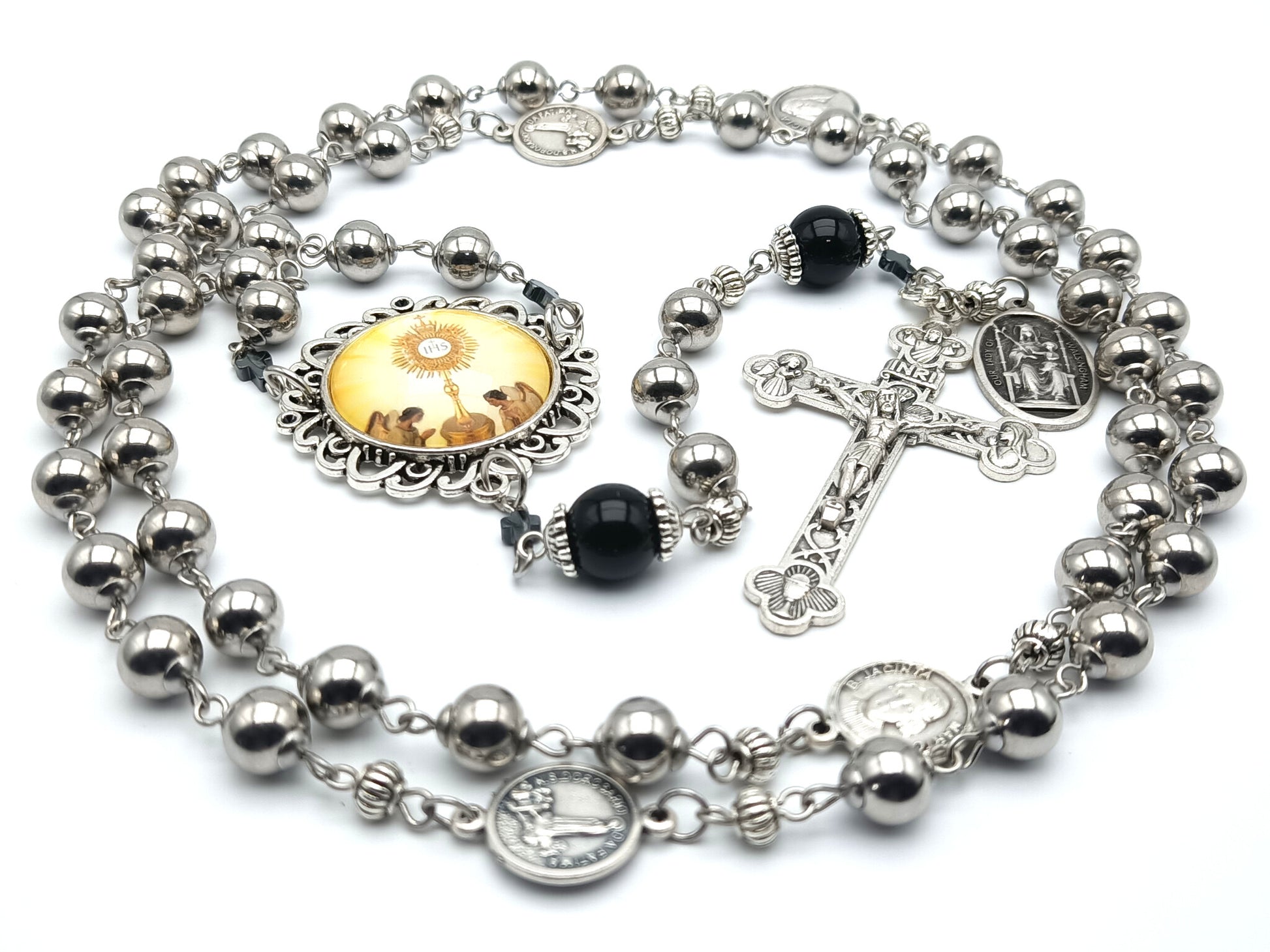 Blessed Sacrament unique rosary beads with stainless steel Ave beads, Onyx and Fatima medal Pater beads, Blessed Sacrament picture centre medal, Blessed Sacrament crucifix and Our Lady of Walsingham medal.