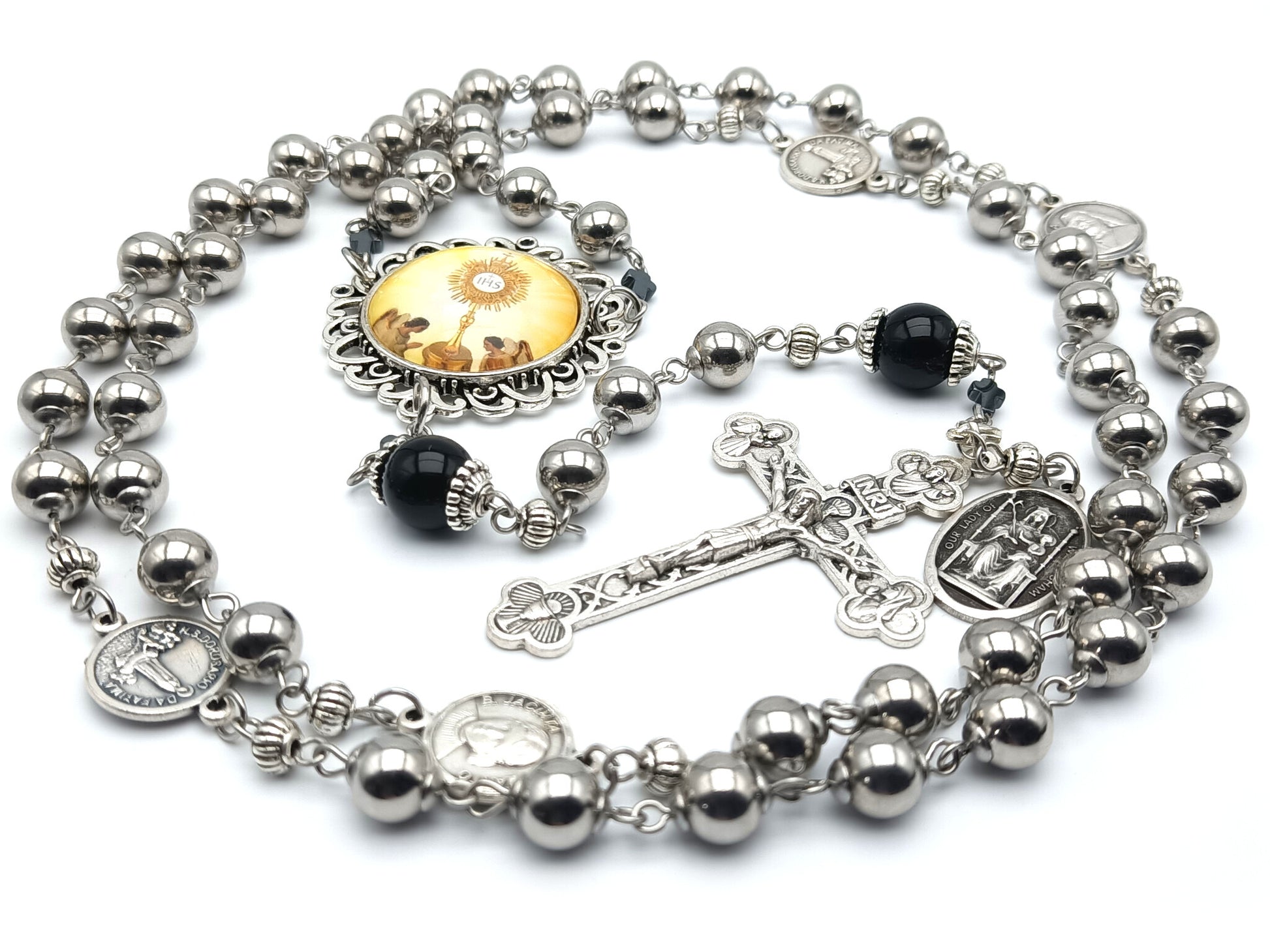 Blessed Sacrament unique rosary beads with stainless steel Ave beads, Onyx and Fatima medal Pater beads, Blessed Sacrament picture centre medal, Blessed Sacrament crucifix and Our Lady of Walsingham medal.