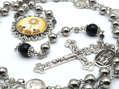 Blessed Sacrament unique rosary beads with stainless steel Ave beads, Onyx and Fatima medal Pater beads, Blessed Sacrament picture centre medal, Blessed Sacrament crucifix and Our Lady of Walsingham medal.