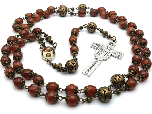 Holy Face of Jesus unique rosary beads with gemstone beads, Holy face crucifix, bronze pater beads and Veronicas veil centre medal.