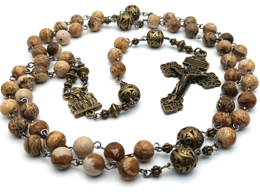 Vintage style unique rosary beads with natural jasper gemstone beads, bronze pardon crucifix, pater beads and Holy Trinity centre medal.